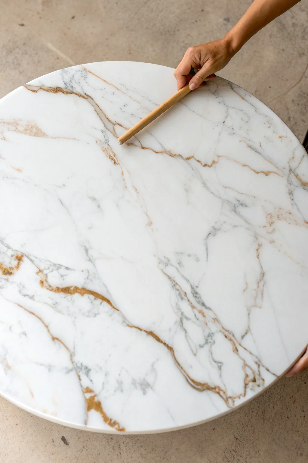 Creamy marble-swirled resin tabletop with glossy depth and a subtle hand-mixed DIY touch