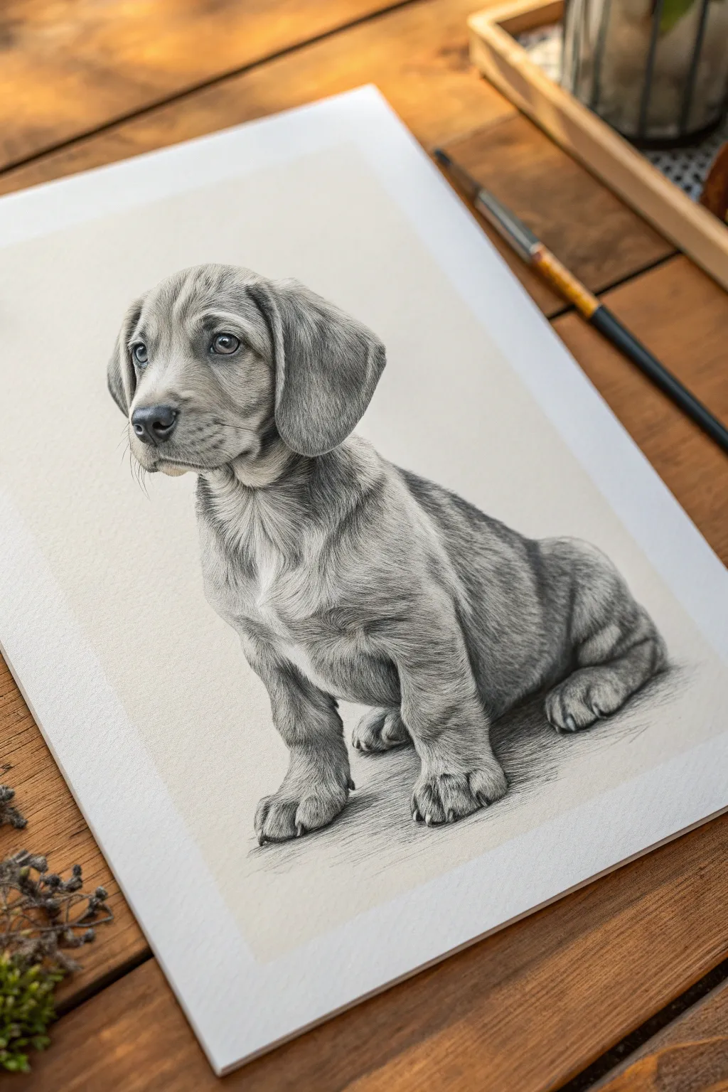 Cute puppy sketch with oversized paws, minimal Scandinavian-boho vibe and crisp contrast.