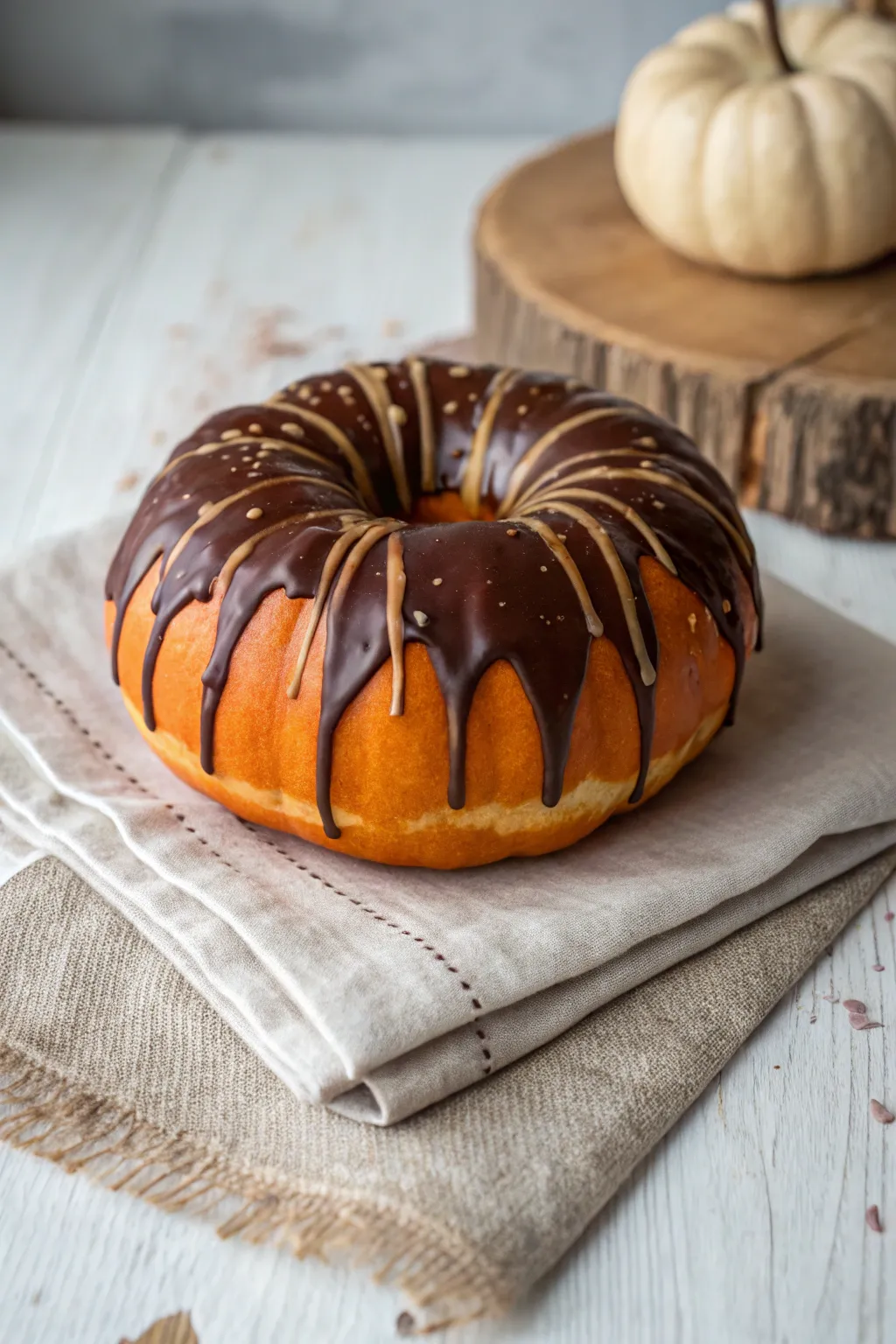 Chocolate-glazed donut pumpkin with bold drips and glossy highlights in a minimal cozy setup.