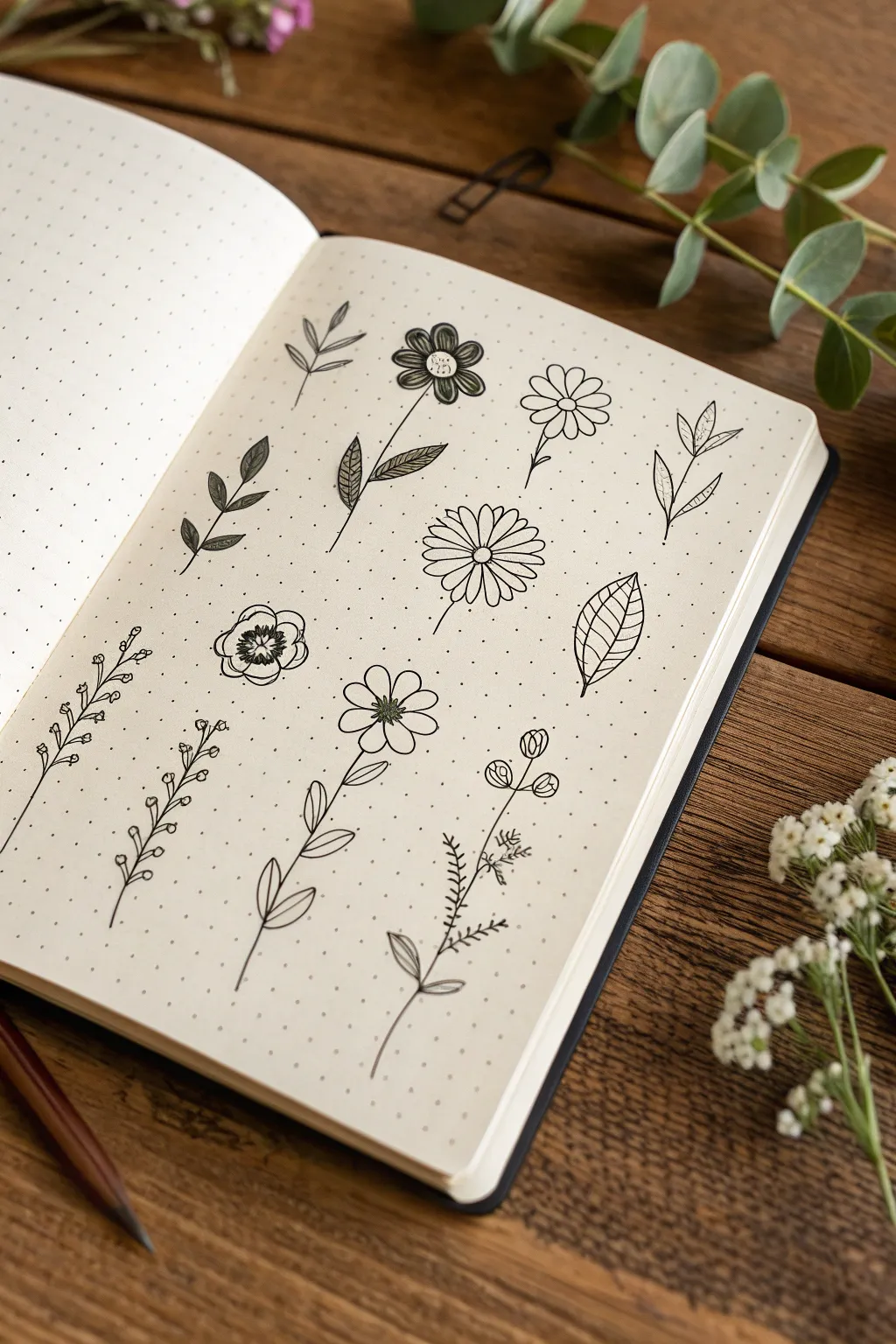 Simple flower doodle library in crisp ink lines, minimalist and boho, ready to recreate.