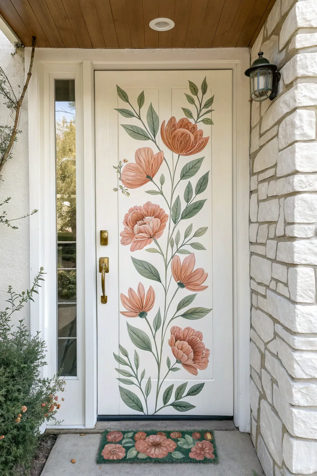 Oversized hand-painted blooms turn a plain door into a serene Scandinavian boho statement.