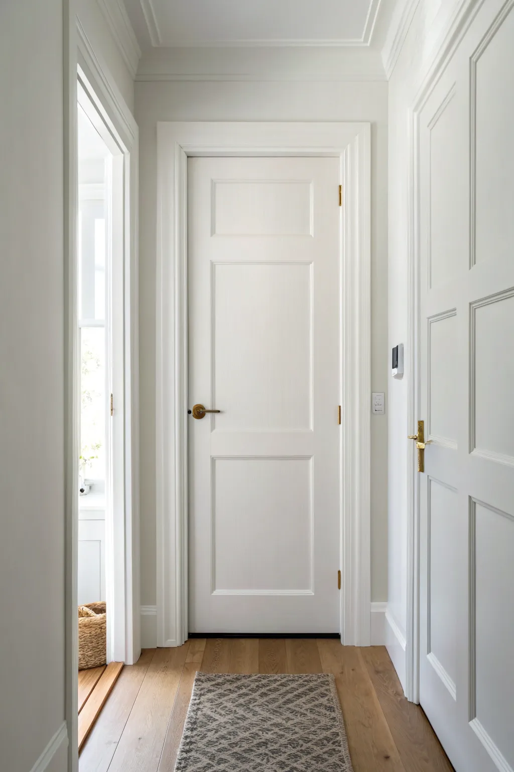 Crisp white door with a freshly painted greige frame for clean contrast and calm minimal style.