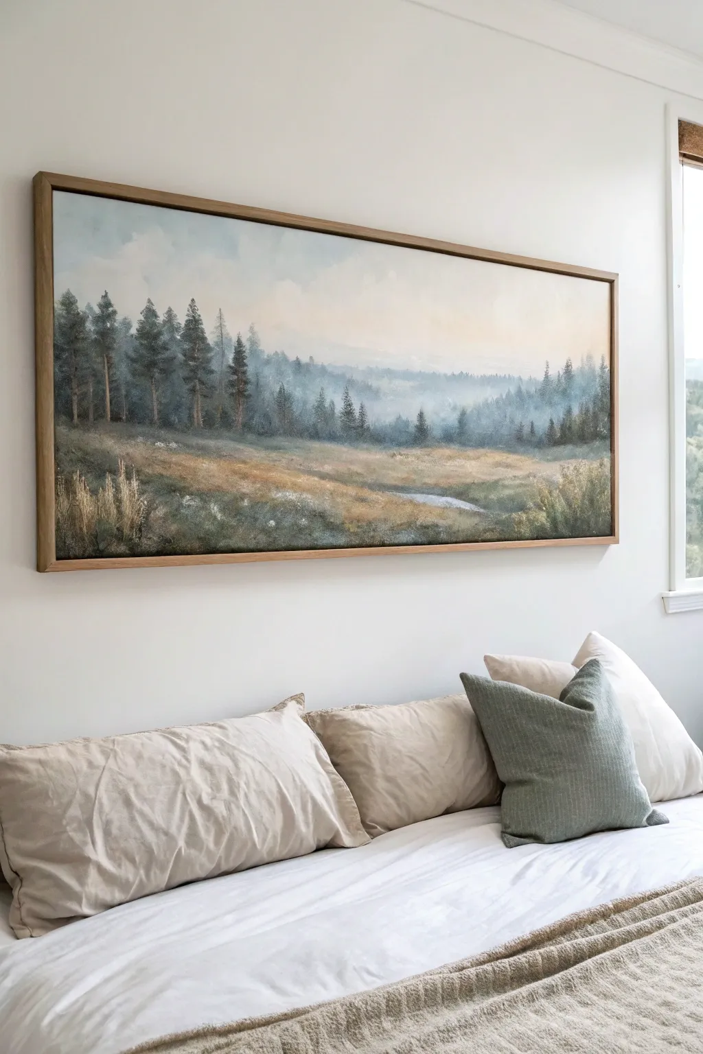 Calm horizon landscape above the bed, a slim DIY statement that elevates any dorm wall