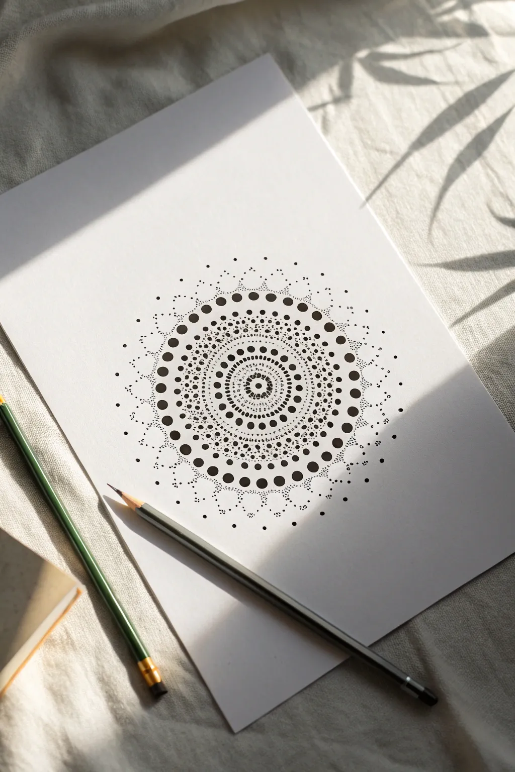 Simple dot mandala on cardstock with faint pencil guide, perfect for easy beginner dot art.