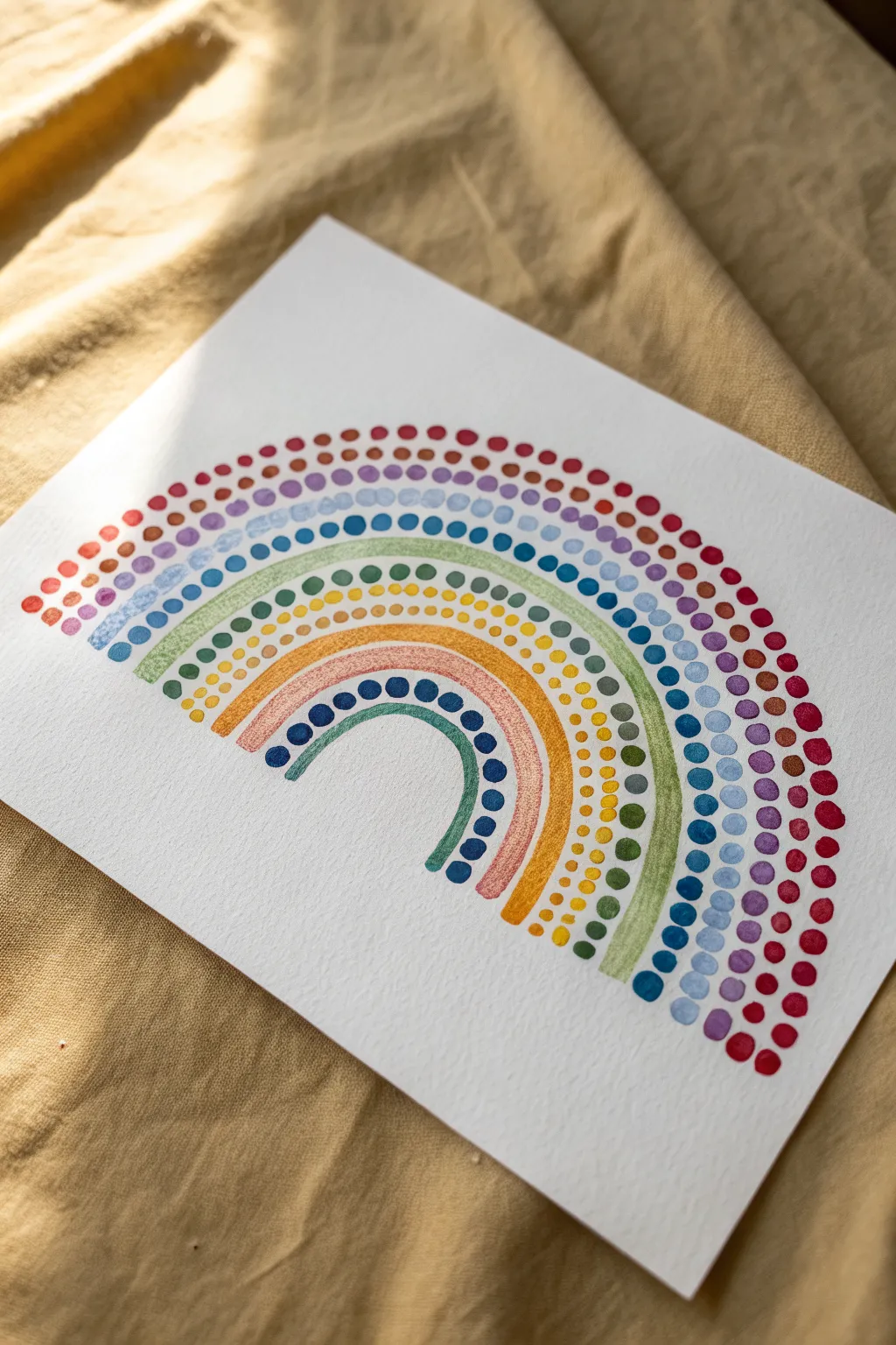 Rainbow dot arches in progress, vibrant bands of painted dots on minimalist white paper.