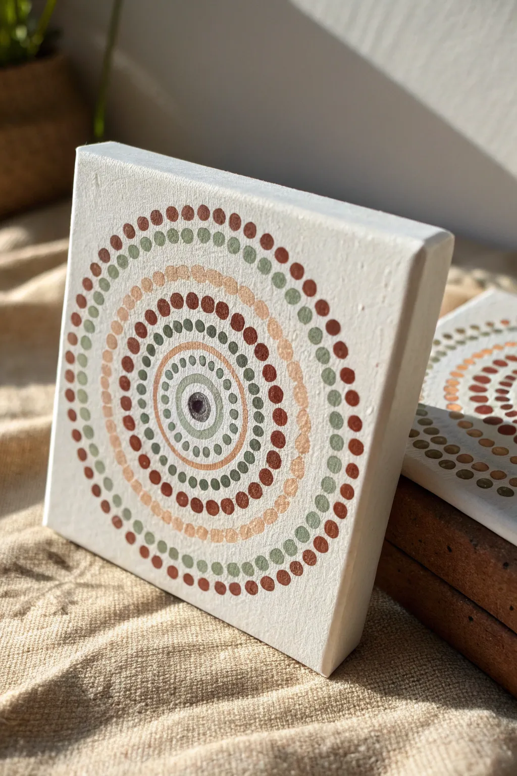 Simple concentric dot circles on a mini canvas, clean minimalist palette for easy practice.