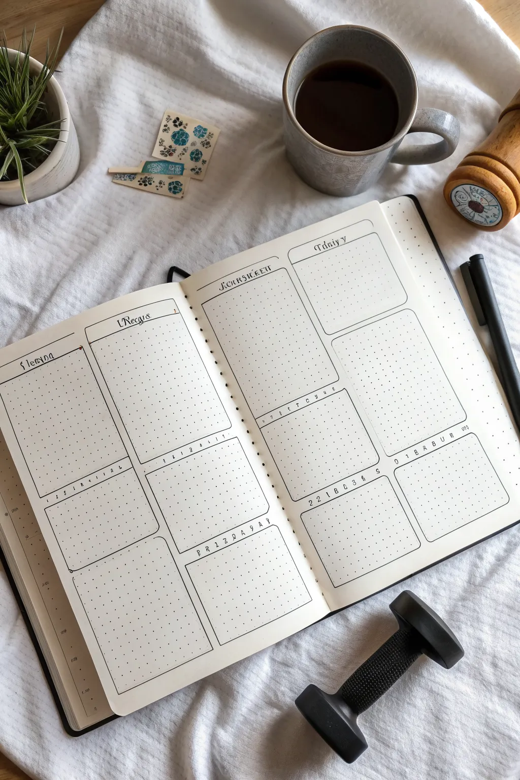 Minimal dot grid weekly planner spread with clean boxes and tiny corner icons for bullet journaling
