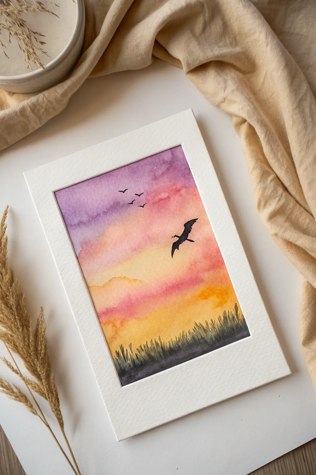Easy dragon silhouette over a sunset gradient sky, minimalist and calming for beginner painters