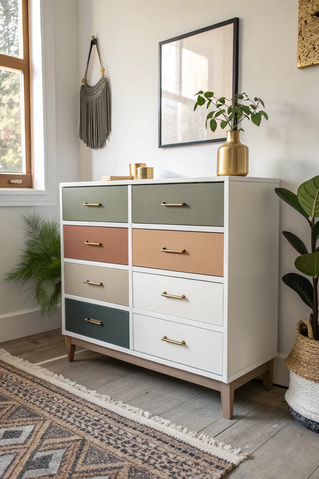 Two-tone dresser: creamy frame with earthy drawer fronts, a clean Scandinavian look with boho warmth.