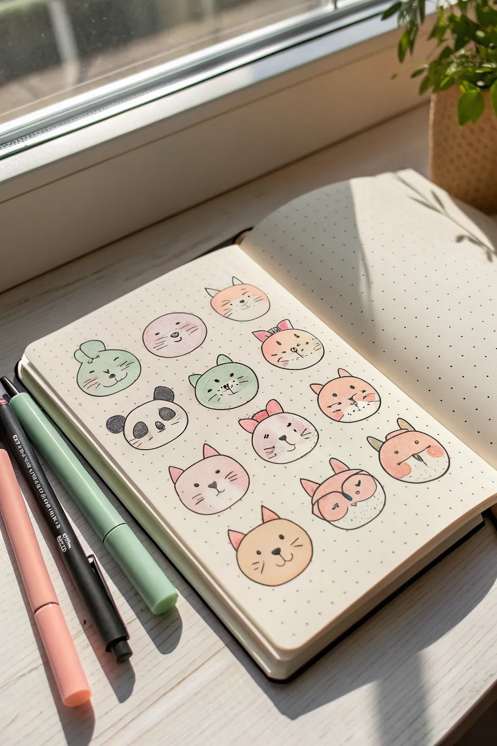 Pastel marker animal face grid with bold outlines, perfect for cute coloring practice