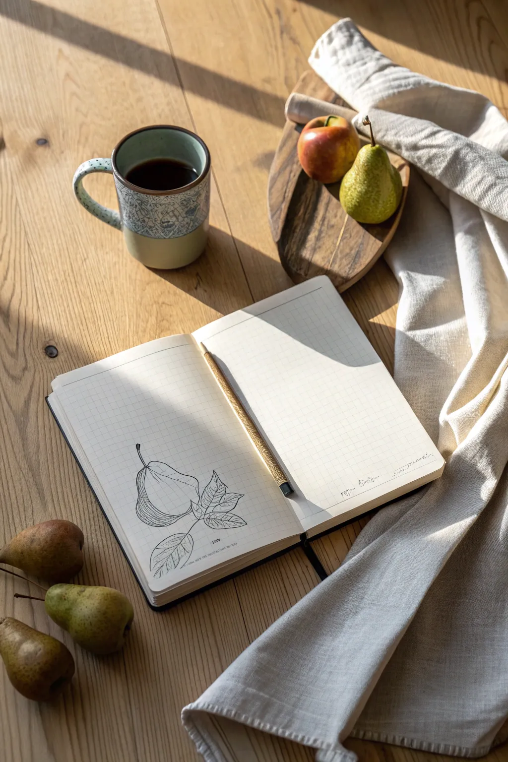 Still life showdown inspiration: sketchbook and everyday objects, crisp shadows, cozy studio mood.