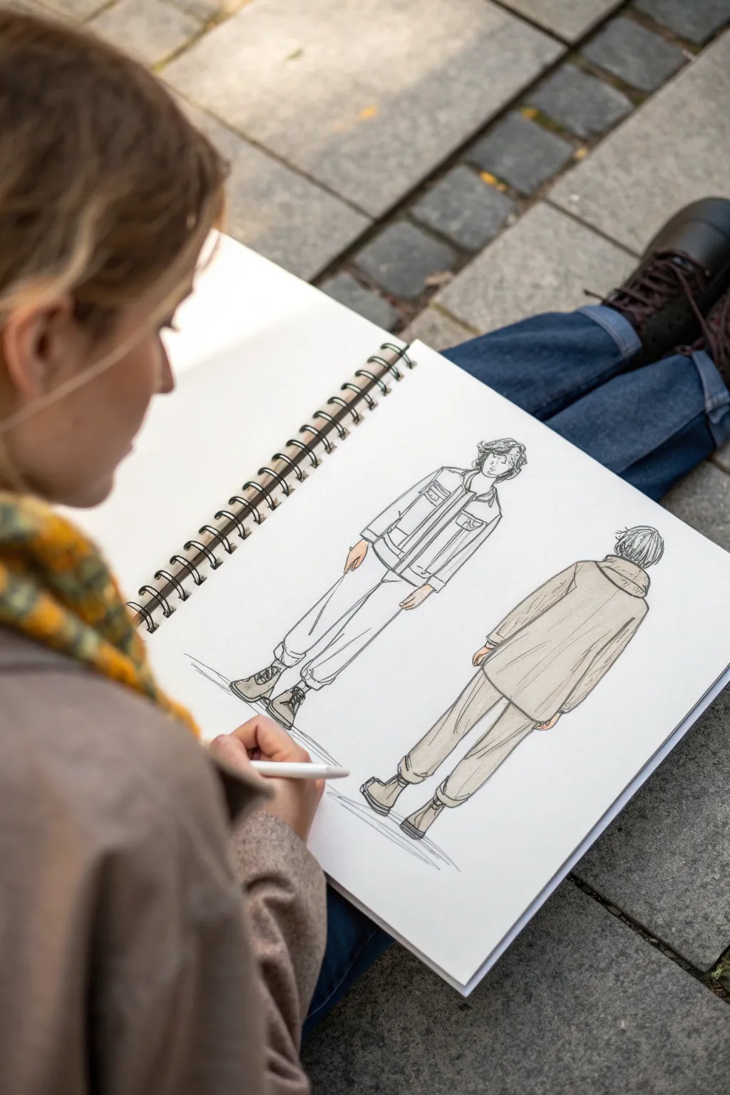 Clean three-angle character turnaround sheet in minimalist boho style, crisp lines and contrast