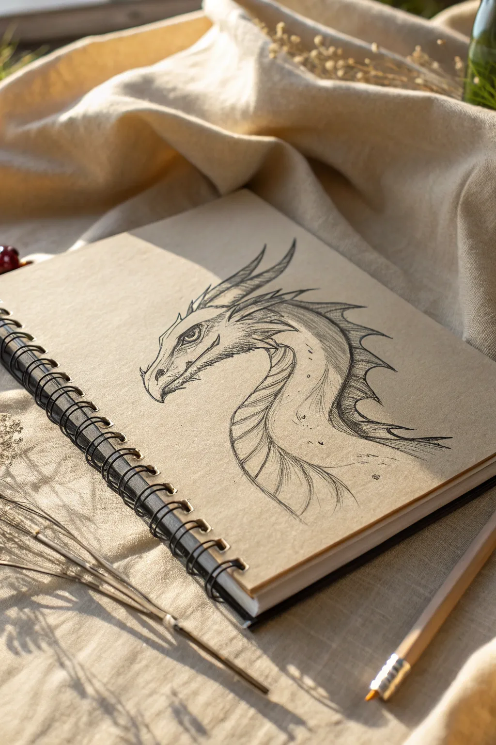 Three-quarter dragon head sketch with subtle construction lines for instant depth and form.