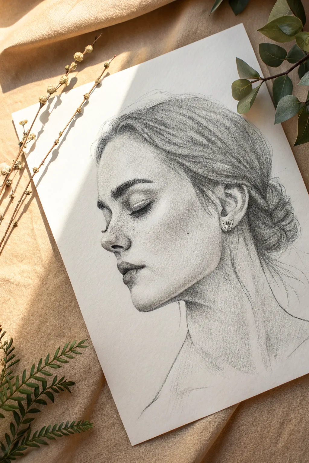 Minimal three-quarter face sketch, one cheek in shadow, for quick depth and elegant practice.