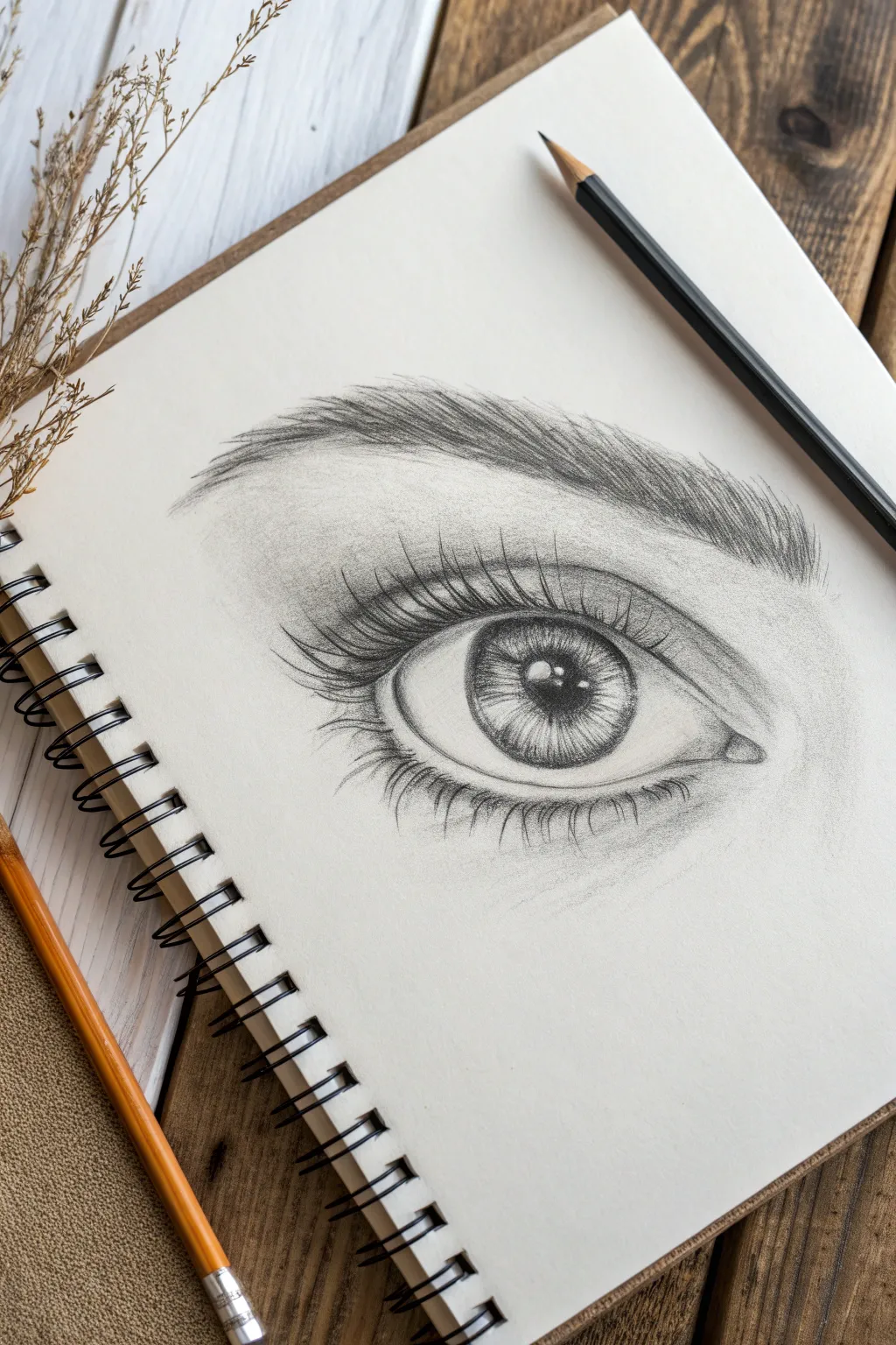 Realistic graphite eye study with crisp highlight and smooth shading gradients for practice.