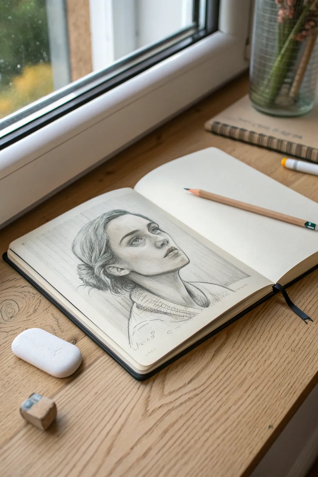 Practice proportions with a simple self-portrait sketch using center and eye guides.