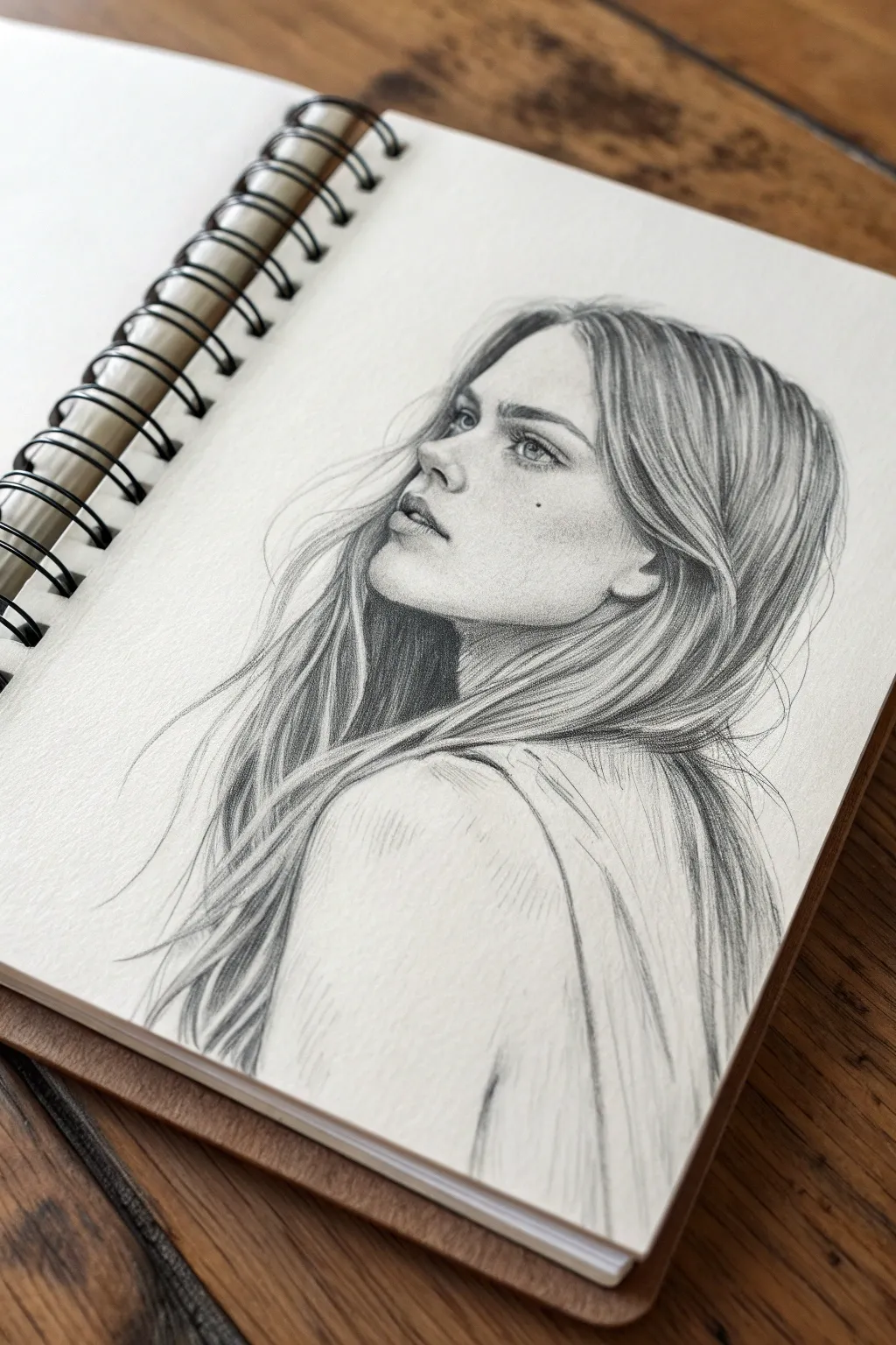 Soft graphite portrait: long hair cascading over one shoulder, clean blank background.