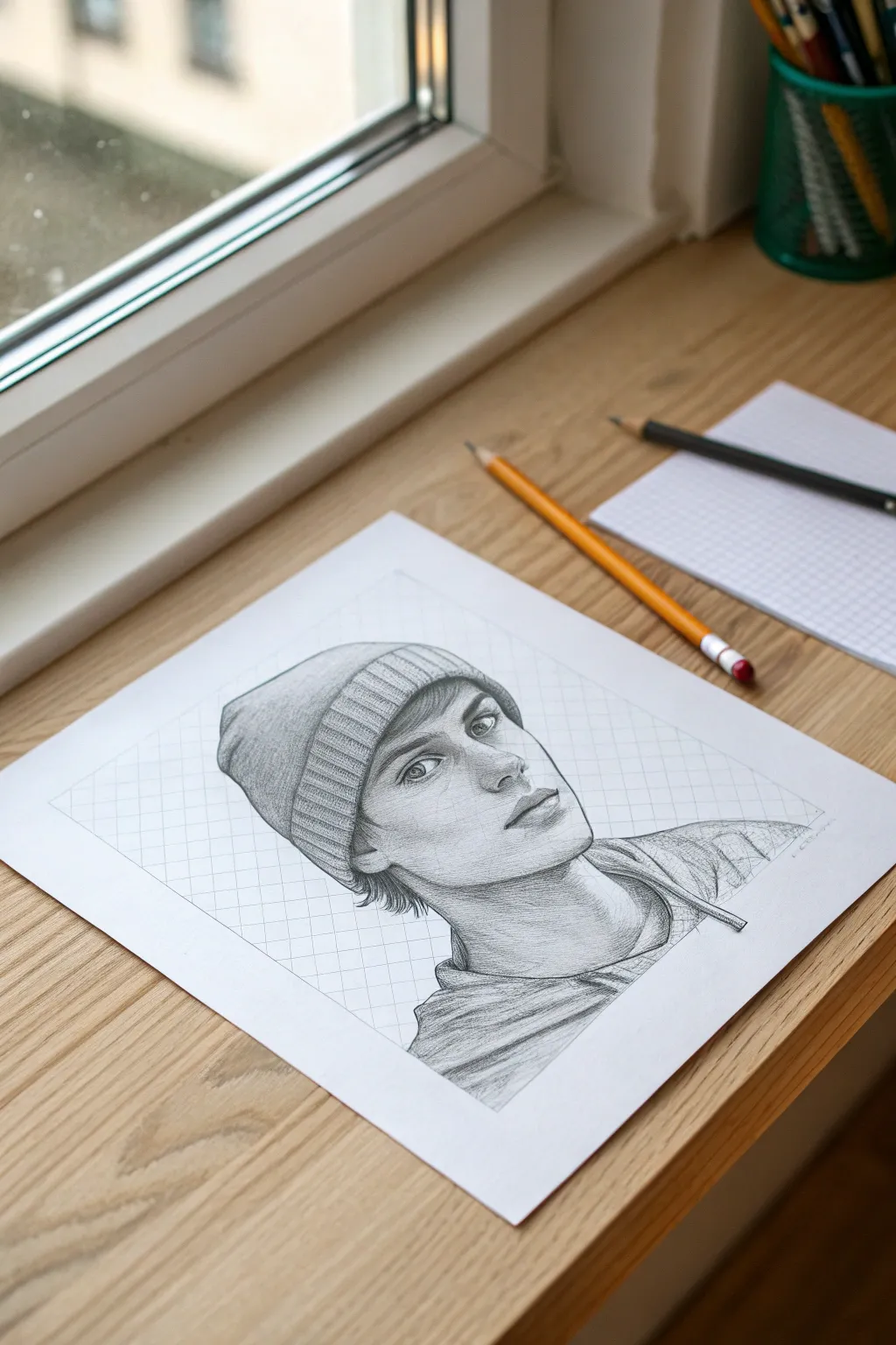 Stylized portrait practice: clean linework, soft shadows, and a cozy teen beanie reference setup.