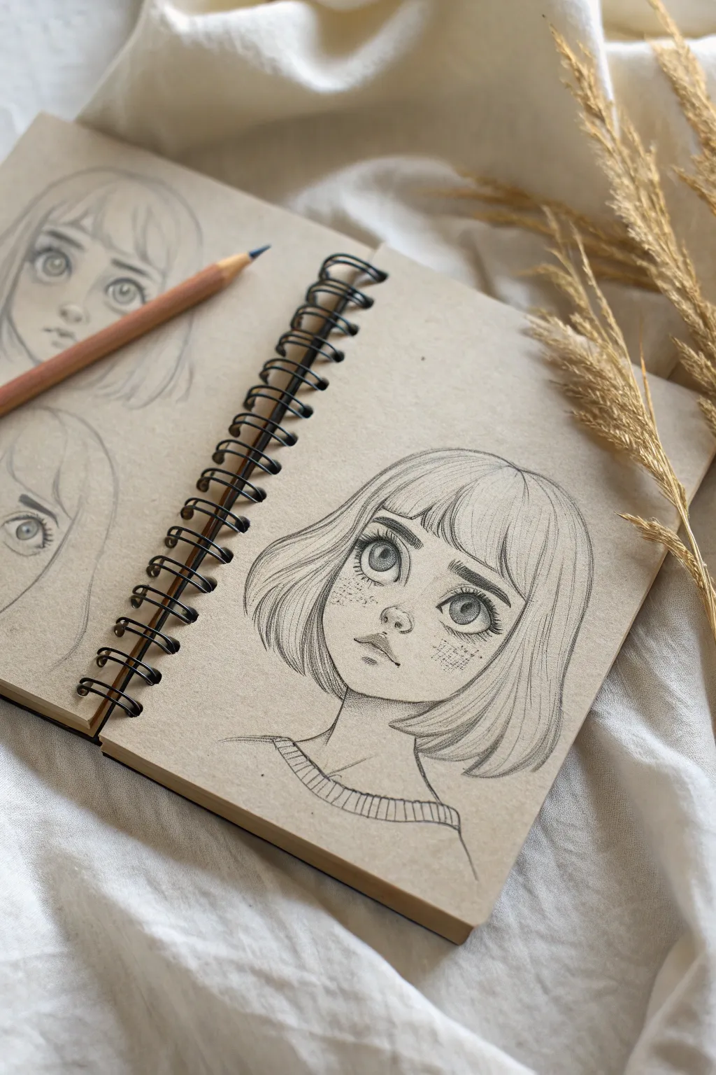 Girl with big expressive eyes practice sheet in clean minimalist pencil style, soft and feminine