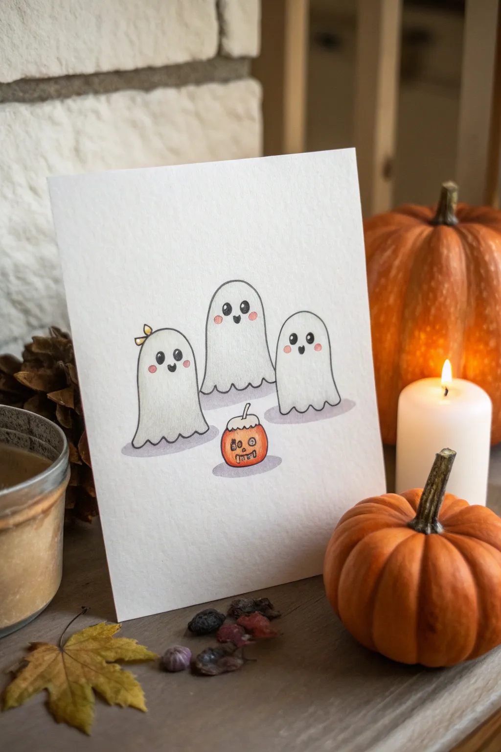 Minimalist Halloween sketch: three cute ghosts with tiny props, cozy Scandinavian-boho charm.