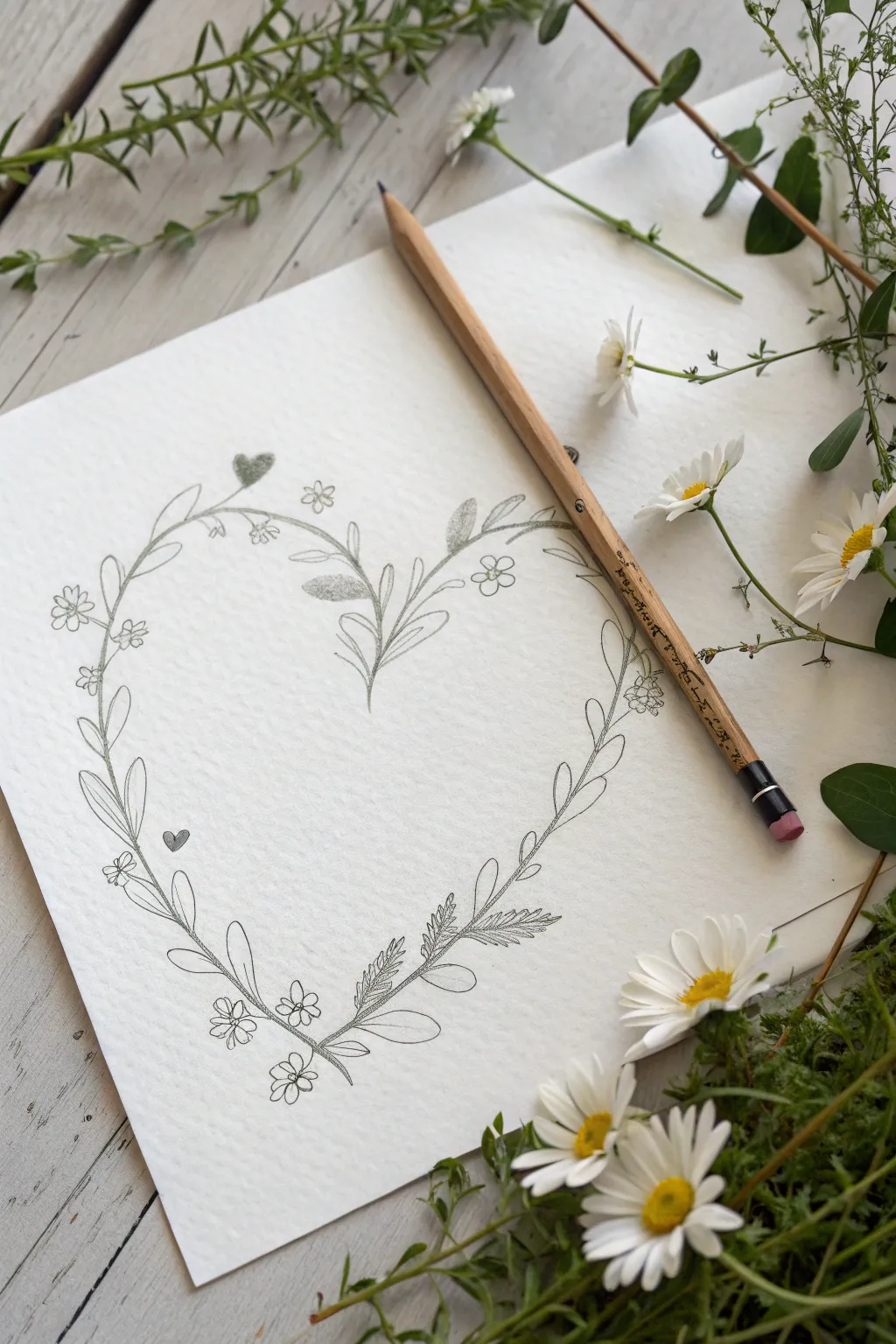 Capture nature's beauty with this delicate floral heart wreath drawing idea. Simple, elegant, and timeless.