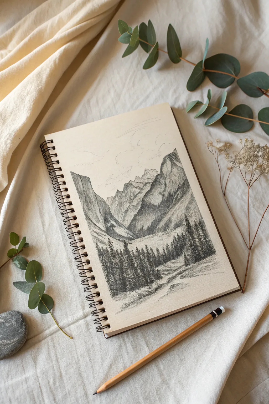 Capture the majesty of nature with this serene mountain valley sketch idea.