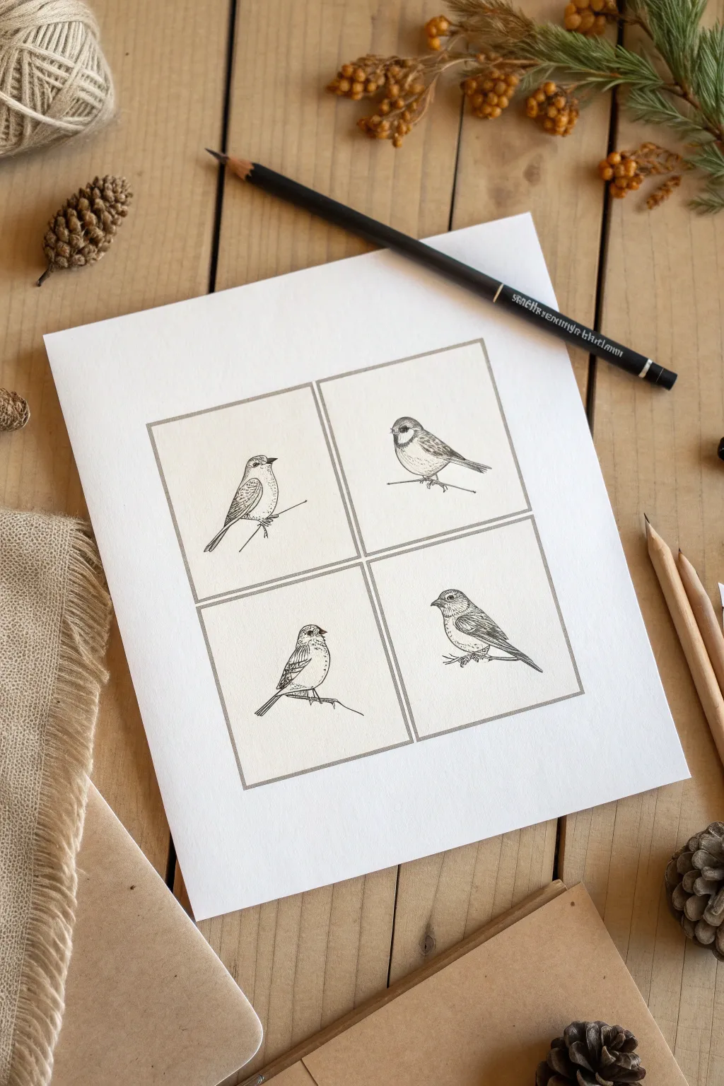 Four matching bird sketches in a clean series flat lay, perfect drawing ideas to sell