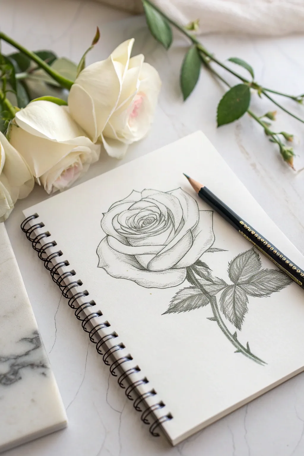 Pencil rose built from simple shapes, crisp line weight and soft white space for calm vibes