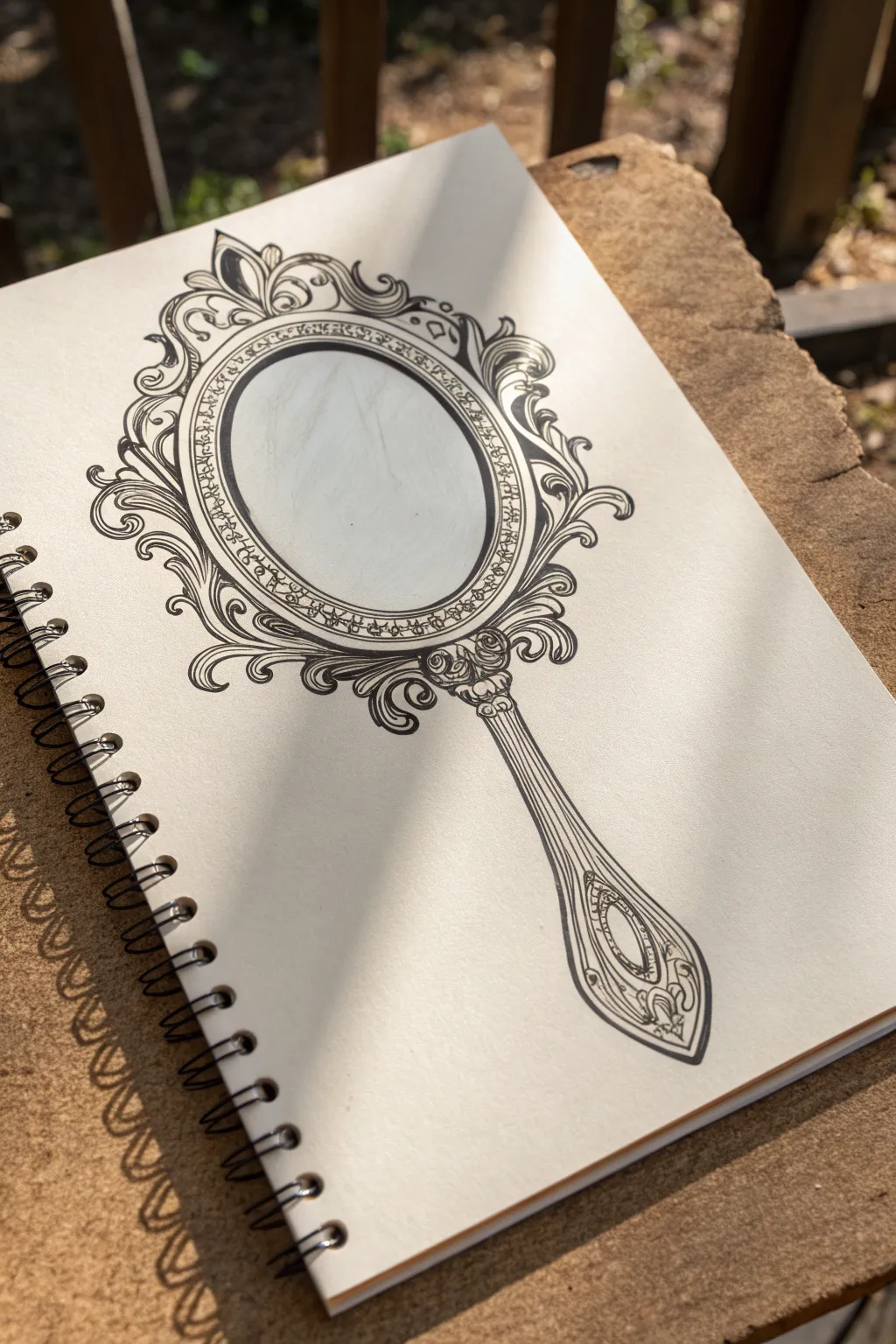 Ornate vintage hand mirror line art with soft shading, ideal minimalist-boho drawing practice