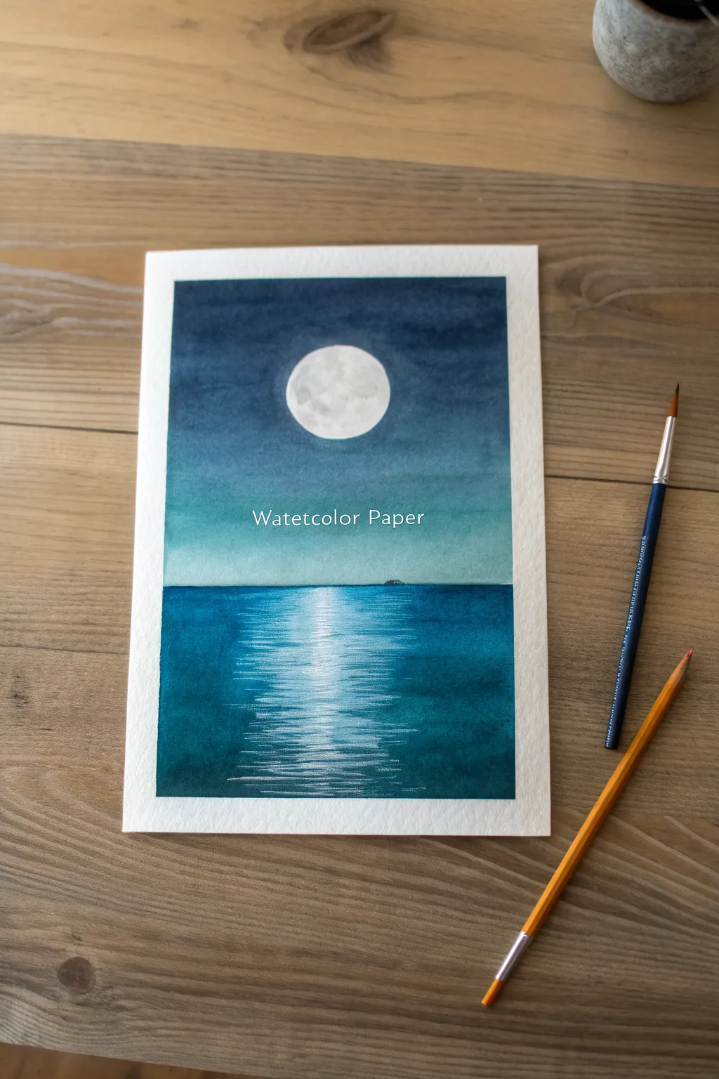 Minimal moon over ocean: pencil circle, painted color bands, and a luminous reflection streak