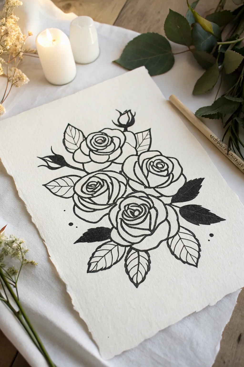 Trace-ready rose cluster outline with crisp petals and leaves, perfect for minimalist drawing
