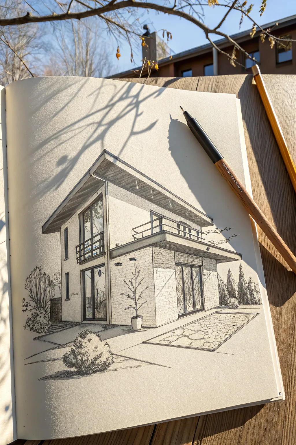 Flat roofline drawing with clean overhang shadows for a calm, modern dream house concept