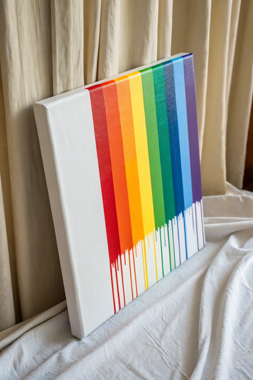 Simple rainbow drip stripes: crisp bands on top with bold, joyful drips on clean white.