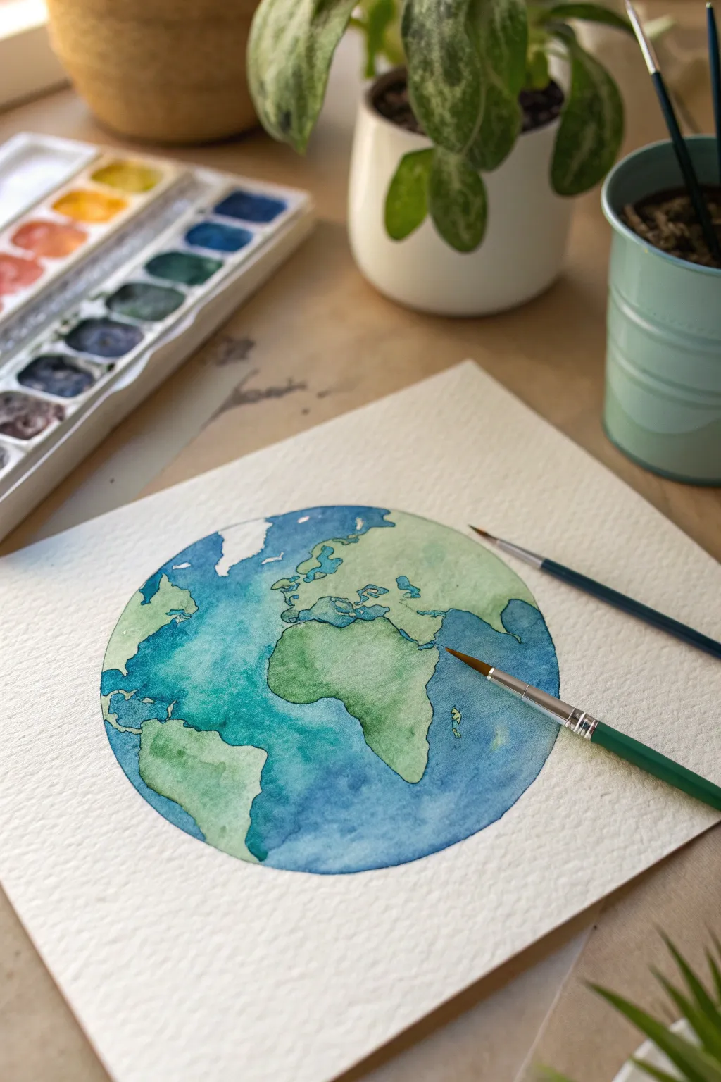 Simple watercolor Earth wash with soft blooms, fresh blues, and quick green land shapes