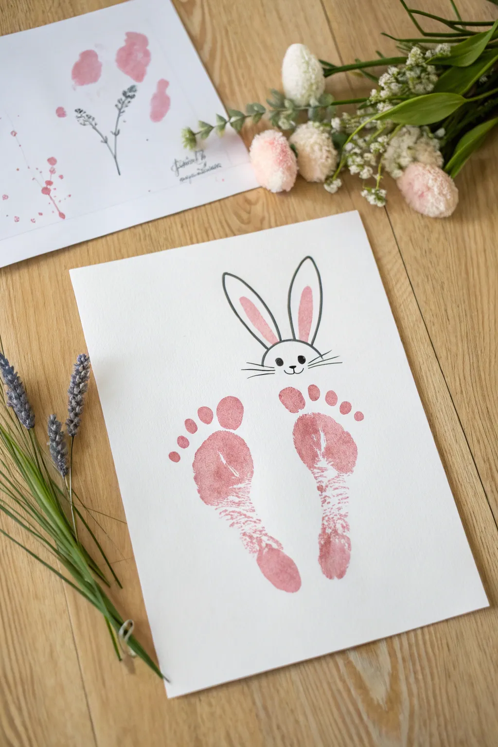 Minimalist Easter keepsake: toddler footprints turned into bunny ears on a sweet bunny face