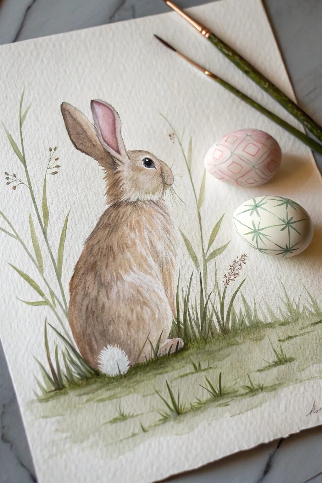 Paint a bunny from behind with a fluffy white cottontail and two hidden pastel eggs in grass.