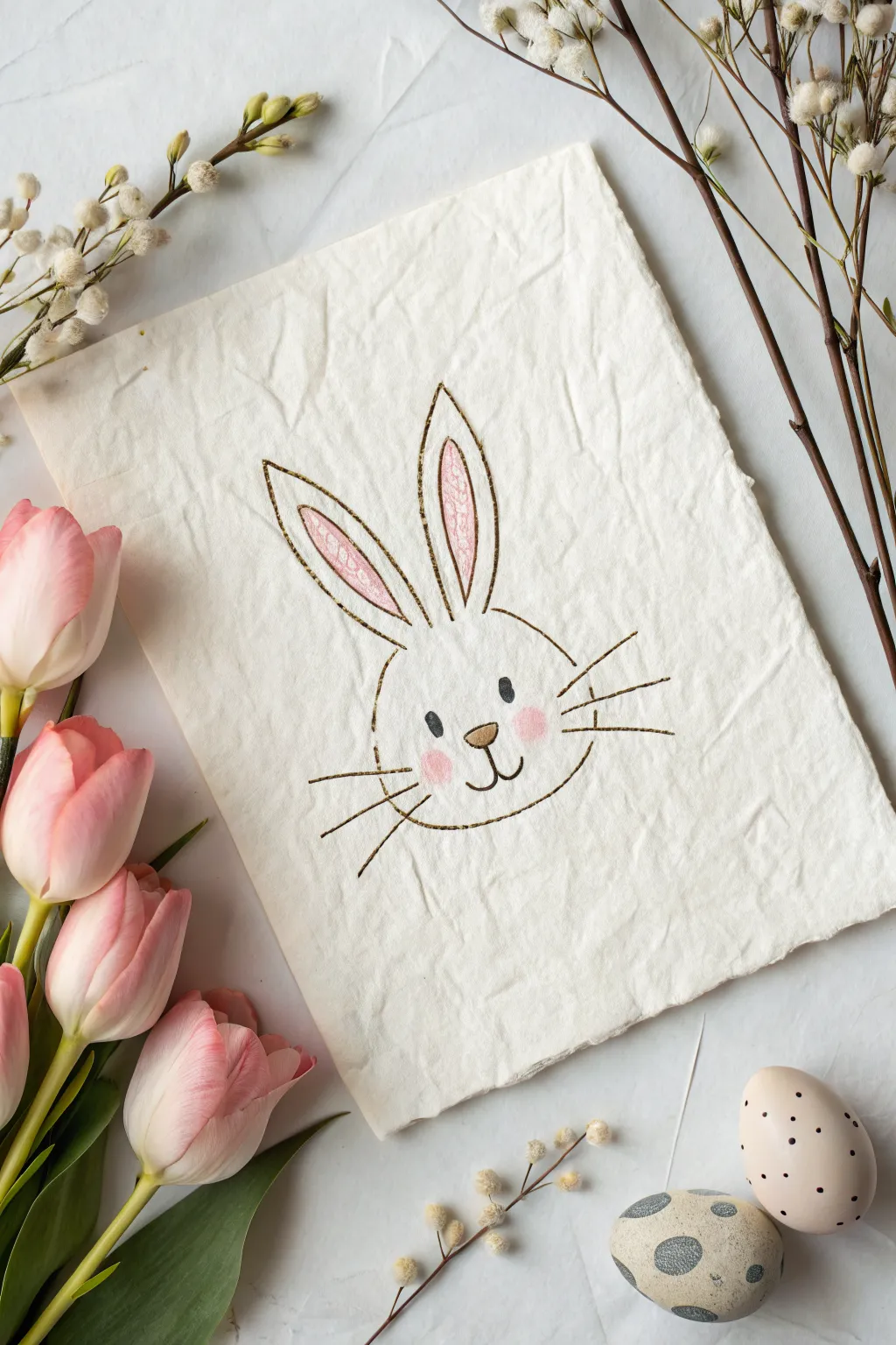 Easy Easter bunny face in a circle, clean lines with soft spring color for beginner drawing