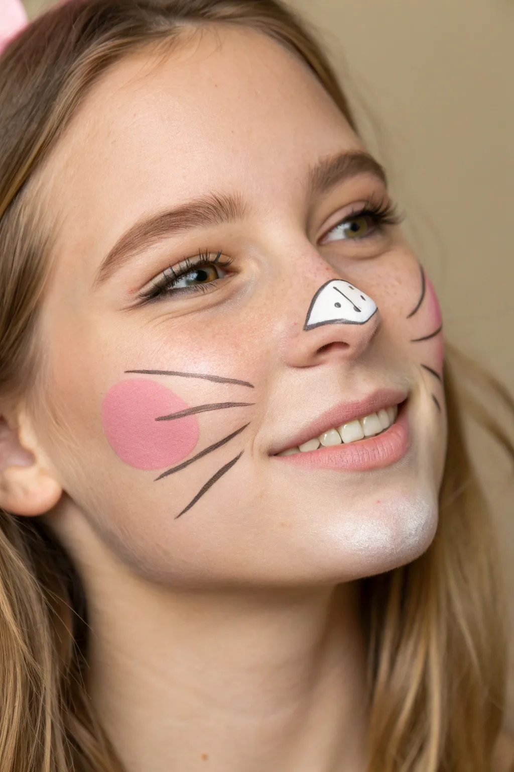 Quick Easter bunny face paint: pink nose, white buck teeth, crisp whiskers in seconds.