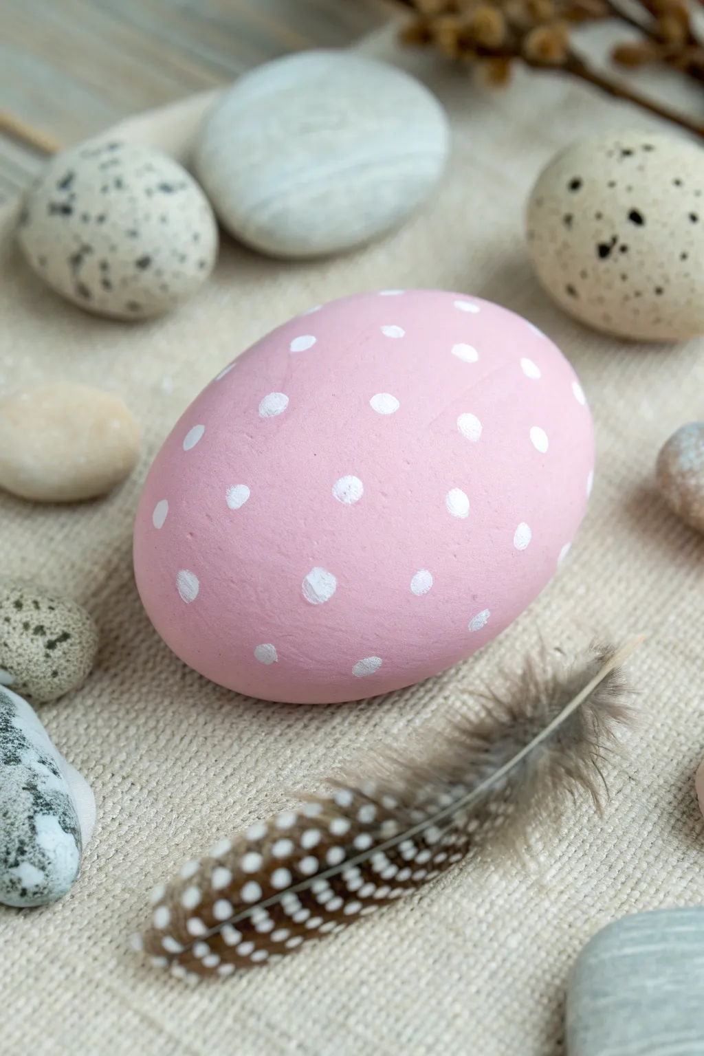 Pastel polka-dot Easter egg rock on linen for a minimalist Scandinavian-boho craft vibe