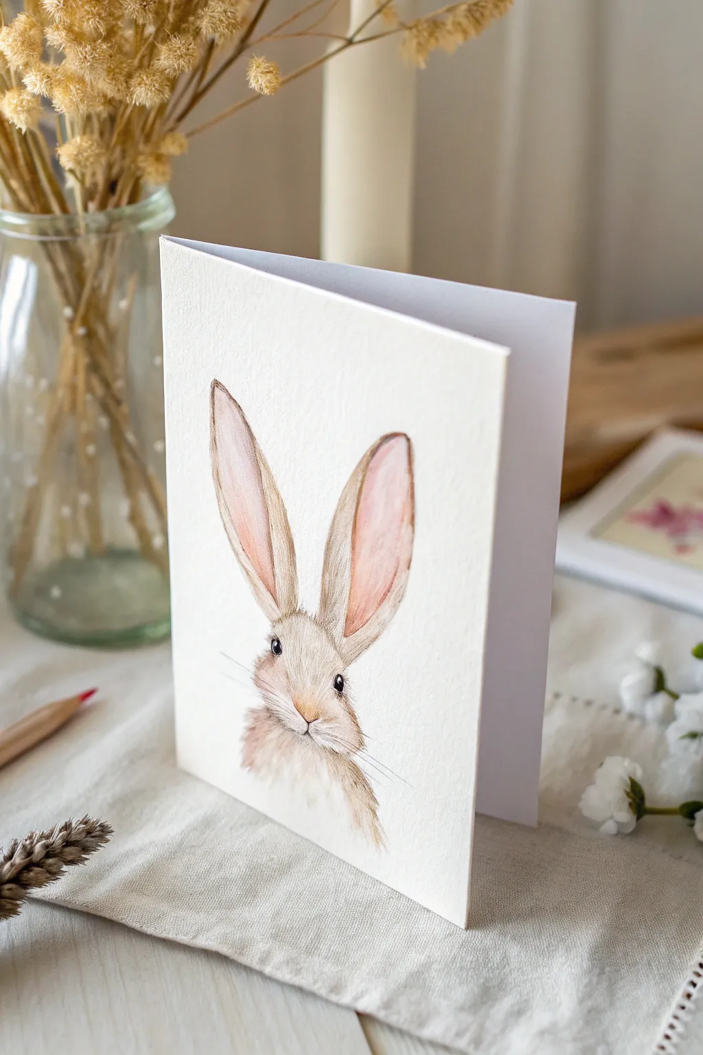 Minimal watercolor bunny ears peeking up on a soft wash background, simple and charming.