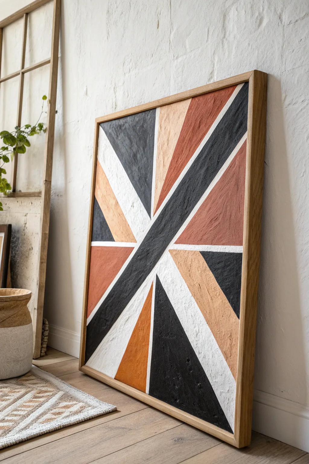 Crisp painters tape triangles and diagonals for an easy abstract painting with a polished finish.