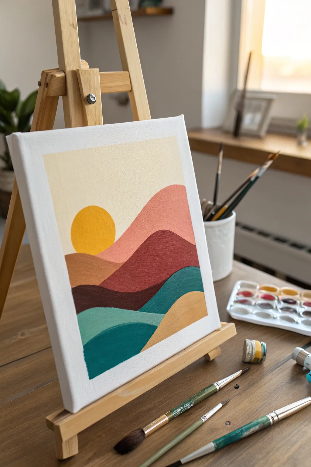 Simple acrylic sunset on a straight canvas with easy rolling hills, perfect for kids to copy.