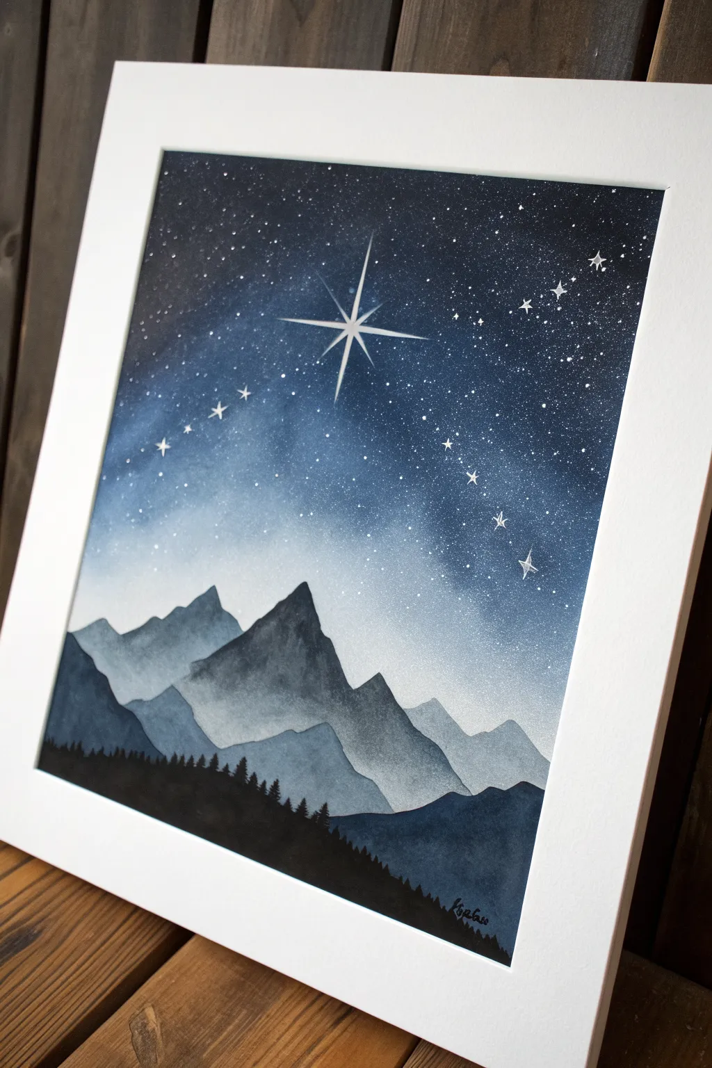 Easy airbrush starry night: deep gradient sky, mountain silhouette, and one glowing star.