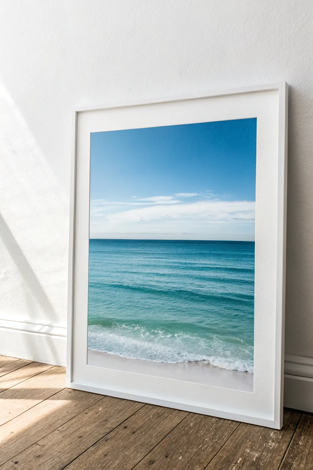 Dreamy blue sky gradient over a calm ocean horizon, a simple and soothing beach painting idea.