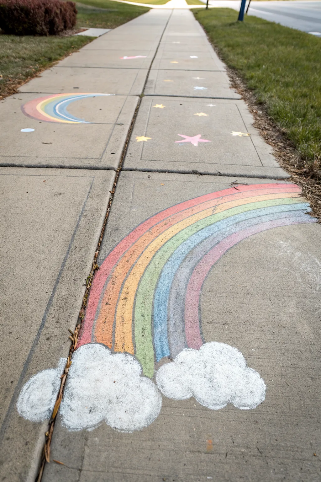 Simple rainbow chalk arc with puffy clouds, wide stripes, and an easy handmade texture