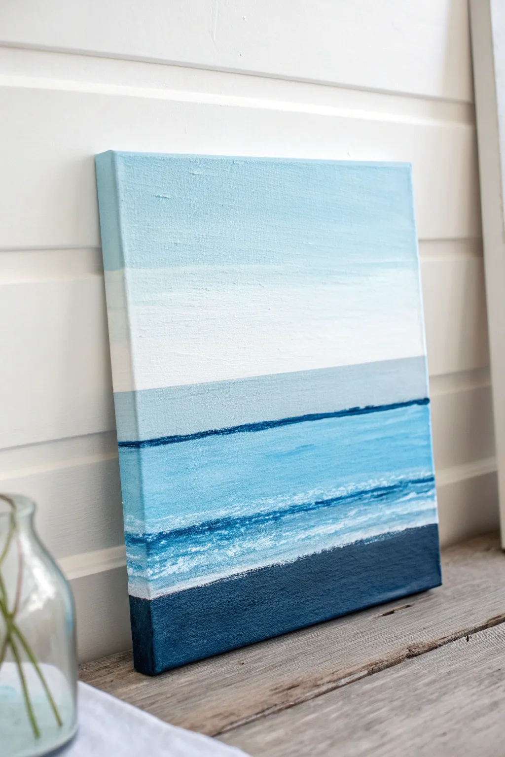 Calm ocean horizon canvas painting idea with soft blues, clean bands, and a serene minimalist vibe