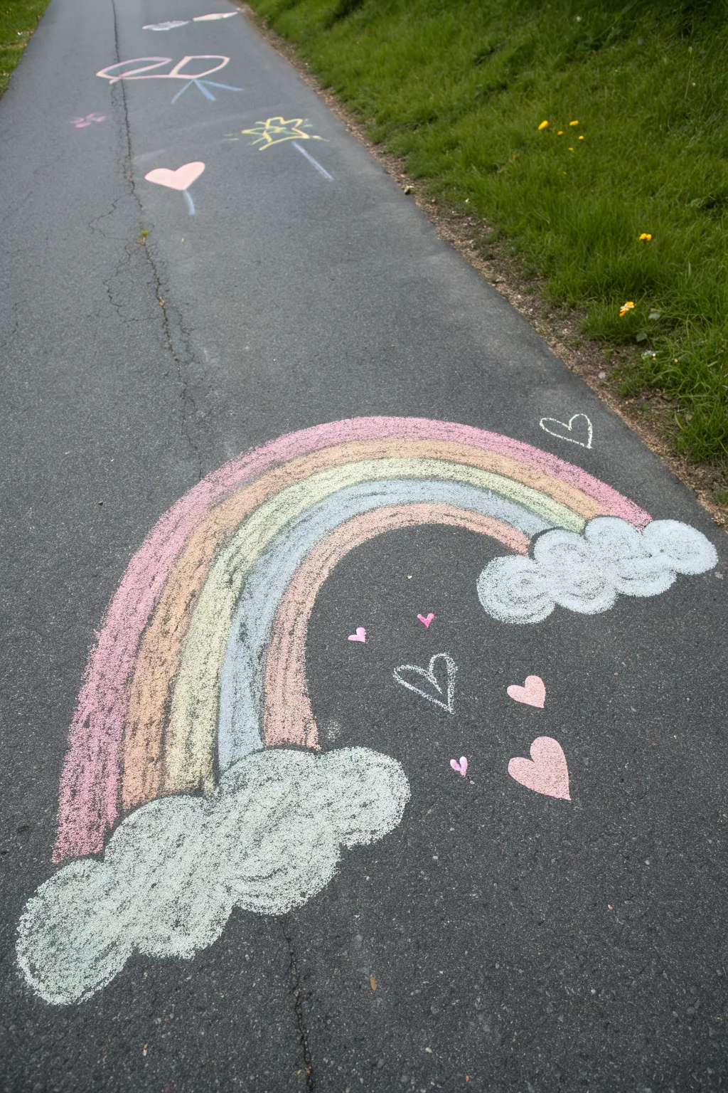 Easy driveway chalk rainbow with fluffy cloud ends and tiny pastel sparkles for kids