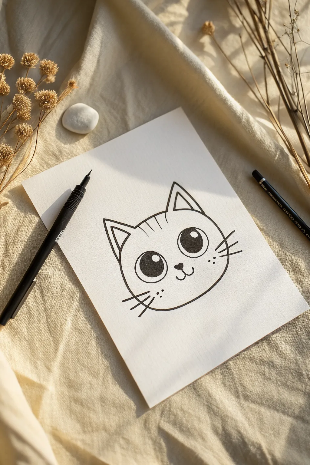Simple big-eyed cartoon cat with bold outlines, an easy character painting idea for beginners.