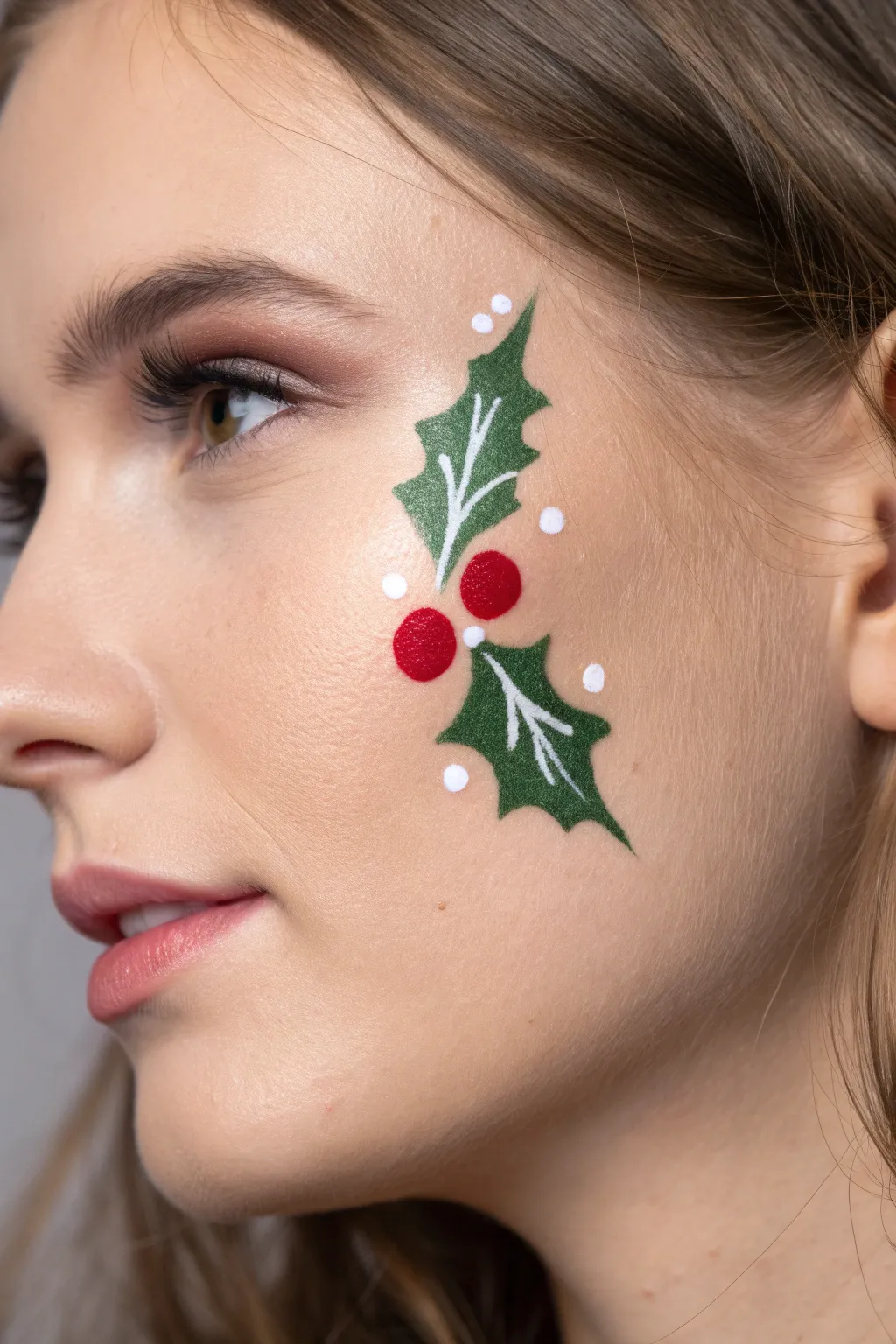 Minimal holly leaf and berry cheek design, festive, fast and clean for any holiday party.