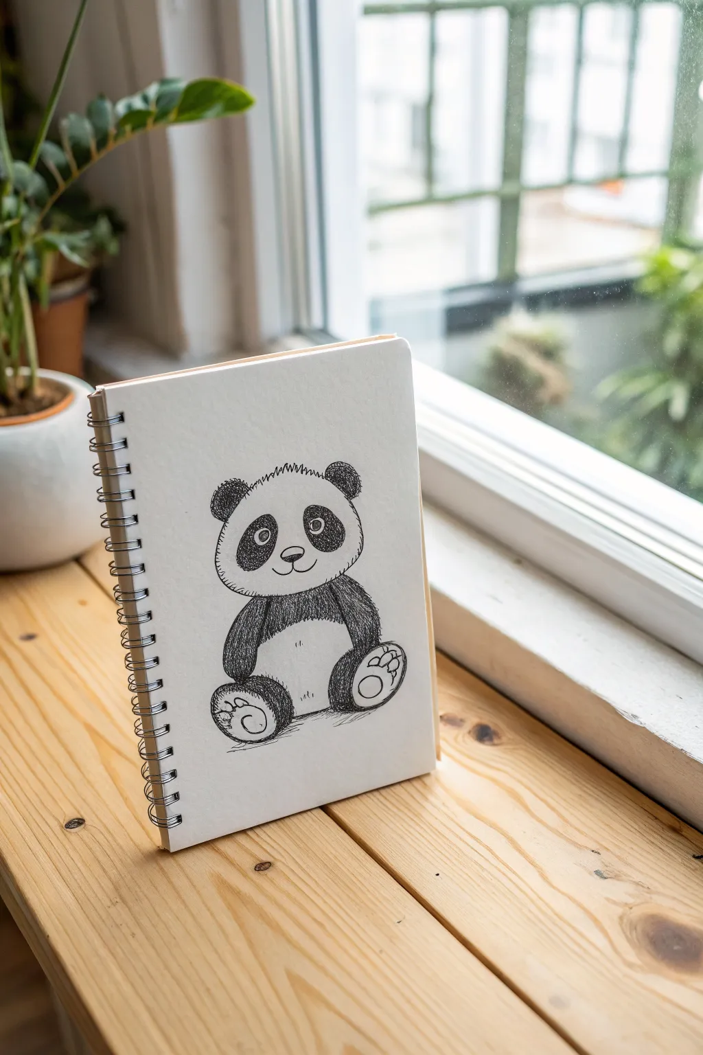Front-facing sitting panda with tiny paws and a squishy belly, perfect for a minimalist sketch.
